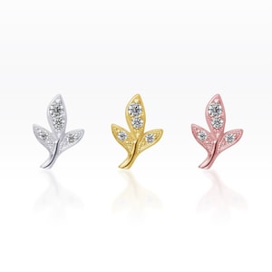 Olive leaf cz screw flat back Tragus earring, leaf earring, leaf Stud, Olive leaf Labret, leaf lobe piercing, cartilage earring (1pc)