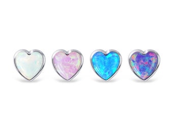 Opal Heart Cartilage Stud: Sterling Silver Helix Earring, Conch Piercing