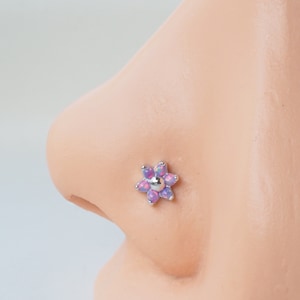 Opal Gems Flower Sterling Silver Nose Stud, Nose Ring, Silver Nose Stud, Sterling Nose Stud, Tiny Nose Ring (1pc)