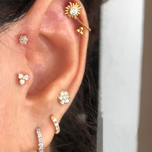 Sun CZ diamond sterling silver screw flat back tragus /cartilage/Helix/lobe/Ear piercing (1pc)