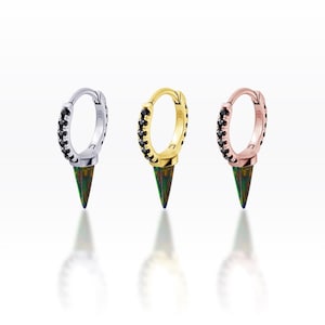 Single Black opal spike/black CZ huggie Hoop,Spike hoop, Punk Hoop, Hoop earrings, Dainty hoops, Huggie hoops, Thin hoop (1pc)