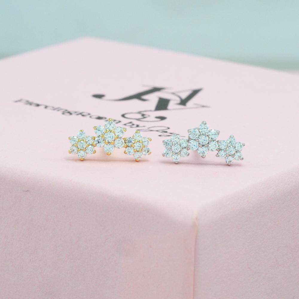 Sterling Silver Three Flower Cartilage Earring: CZ Diamond Helix