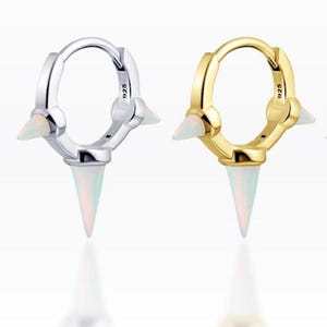 White Spike Opal Huggie Hoop Earring: Sterling Silver Punk Style (1pc)