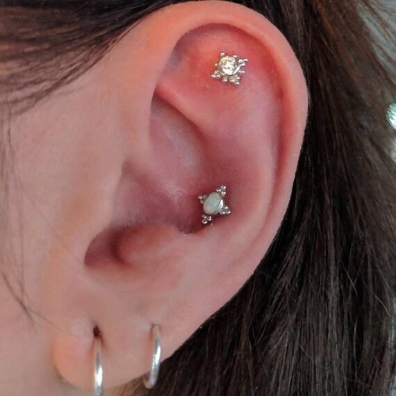 White Opal Cluster Oval Casting Screw Flat Back Cartilage Stud Helix Earring Lip Ring Medusa Piercing Conch Earring