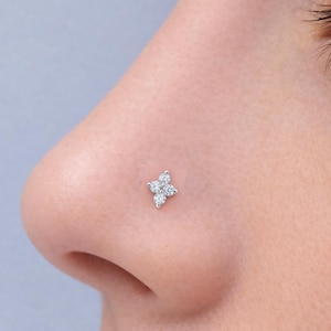 Four diamond Sterling Silver Nose Stud: Tiny Nose Ring (1pc)