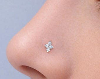 Four diamond Sterling Silver Nose Stud: Tiny Nose Ring (1pc)