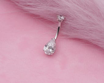 Teardrop CZ Sterling Silver Belly Ring - Dainty Navel Piercing (1pc)