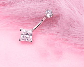 Square CZ Sterling Silver Belly Ring: Dainty Navel Piercing (1pc)