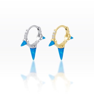 Triple Spike Sky blue Opal /CZ Huggie Hoop,Spike hoop, Punk Hoop, Hoop earrings, Dainty hoops, Huggie hoops, Thin hoop (1pc)