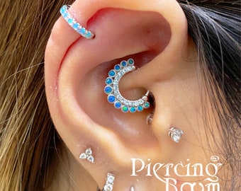 Sky Blue Opal/CZ Clicker Daith Earring, Septum Ring, Opal Hoop Piercing, Cartilage, Clicker Ring, Helix Earring, Eternity Hoop