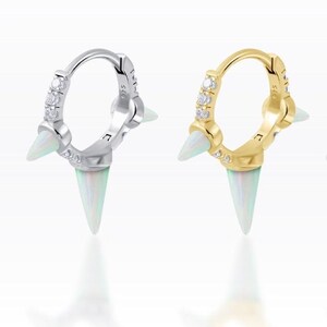 White Spike Opal Huggie Earring: Sterling Silver Punk Hoop (1pc)