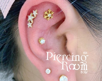 Crown Gems Screw Flat Back (Gold), Tragus earring, Dainty earring, Tiny earring, Cartilage earring, Tragus piercing, CZ stud, Helix piercing