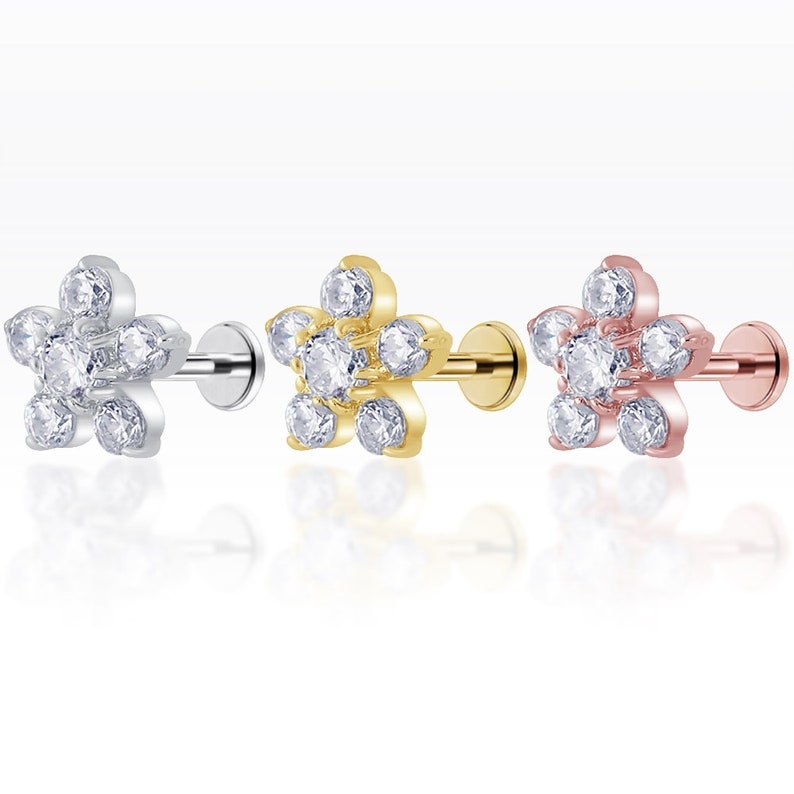 Gold plated Flower Gems Screw flat back Tragus, Dainty earring,Cartilage earring,Tragus piercing,Helix piercing image 2