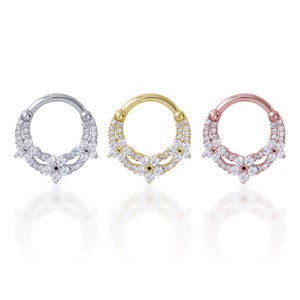 Pendiente de tres gemas con forma de flor y aro de circonita cúbica, piercing para el tabique nasal, piercing para el cartílago, aro de clic, pendiente de hélice, aro de eternidad (1 unidad)
