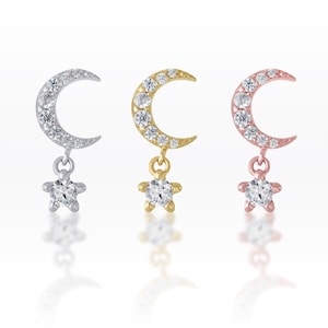 Moon and Star Dangle Earring: Sterling Silver CZ Tragus Cartilage Piercing (1pc)