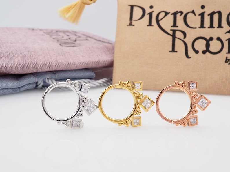 SQUARE CZ diamond hoop Daith earring Cartilage Septum ring Nose ring