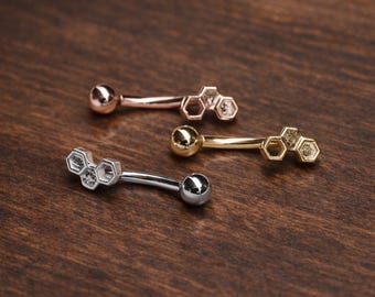 Honey comb Sterling Silver Curved Barbell: Rook/Snug/Eyebrow Piercing (1pc)
