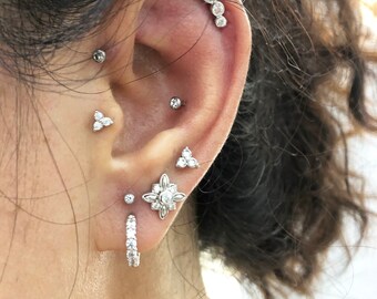 Sterling Silver Trinity CZ Diamond Tragus Piercing:  Screw flat back (1pc)