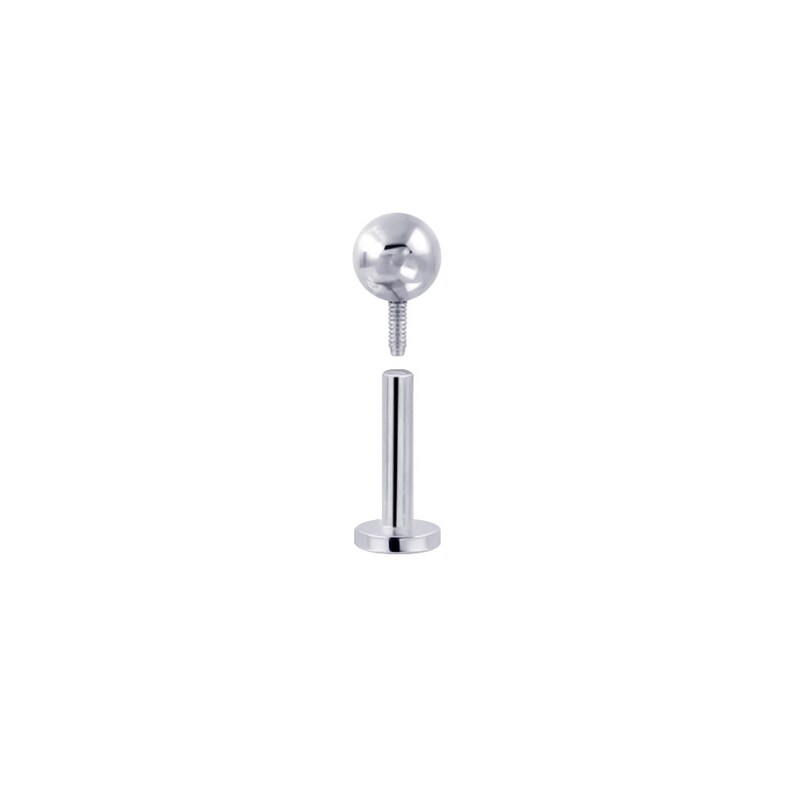 May include: A silver lip piercing stud with a spherical ball top and a threaded post. The base is a flat disc. The jewellery is shown disassembled, with the ball and post separated.