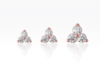 Trinity CZ Diamond Screw Flat Back Tragus Earring, Helix Earring, Cartilage Earring, Conch earring, Lobe piercing