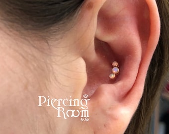 Three stone curved sterling silver SCREW flat back tragus/cartilage/conch/helix piercing