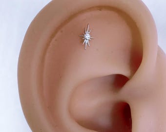 Estella CZ Star Sterling Silver Tragus Earring: Internal Thread, Helix, Cartilage (1pc)