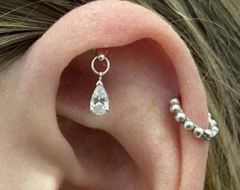 Teardrop CZ Sterling Silver Flat Back Earring: Tragus, Helix, Conch (1pc)