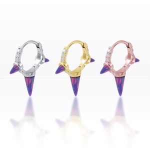 Triple Spike Purple Opal /CZ Huggie Hoop,Spike hoop, Punk Hoop, Hoop earrings, Dainty hoops, Huggie hoops, Thin hoop (1pc)