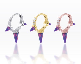 Triple Spike Purple Opal /CZ Huggie Hoop,Spike hoop, Punk Hoop, Hoop earrings, Dainty hoops, Huggie hoops, Thin hoop