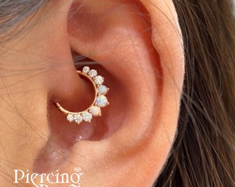 Opal/CZ Clicker Daith Earring, Septum Ring, CZ Hoop Piercing, Cartilage, Clicker Ring, Helix Earring, Eternity Hoop