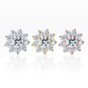 Big Gems flower CZ diamond cut sterling silver SCREW flat back conch/cartilage/helix/conch/lobe piercing (1pc)