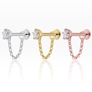 CZ Dangle Chain Screw Flat Back, Dainty earring, Tiny earring, Cartilage earring, Tragus piercing, CZ stud, Helix piercing (1pc)