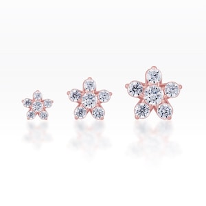Rose gold Plated Flower Gems Screw flat back Tragus, Dainty earring,Cartilage earring, Tragus piercing, Helix piercing (1pc)