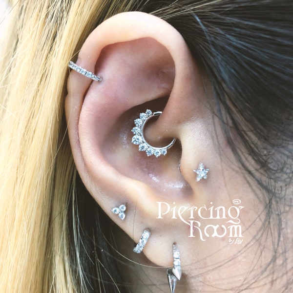 ZIRCON EARRINGS, crown Ring, Nose Piercing, Elegant Swiss Star Cut CZ Diamond Septum Hoop Unique Helix Daith Jewelry for Her