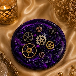 Steampunk Resin Coaster Set – Purple Galaxy Coasters with Real Gears – Handmade Epoxy Coasters – Gothic Home Decor – Unique Gift – Set of 6
