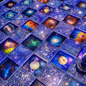 May include: A square game board featuring a grid of alternating squares. Half the squares are filled with deep blue glitter, while the other half display colorful, detailed images of various galaxies, nebulae, and planets in space.