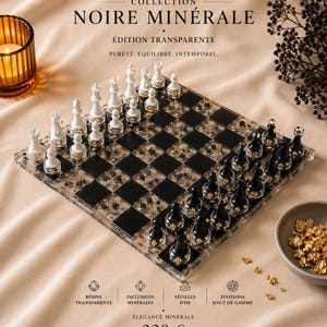 Könnte beinhalten: Ein luxuriöses Schachspiel mit schwarzen und weißen Figuren auf einem transparenten Brett mit schwarzen und goldenen Akzenten. Das Brett hat ein Schachbrettmuster. Der Text "NOIRE MINÉRALE" und "ÉDITION TRANSPARENTE" sind sichtbar.