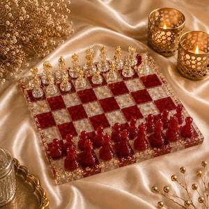 Luxuriöses Schachset mit Blattgoldverzierung aus Kunstharz, handgefertigtes Schachbrett aus Epoxidharz, einzigartiges Schachspiel, Geschenkidee für Ihn, dekoratives Schachset, moderne Wohnaccessoires