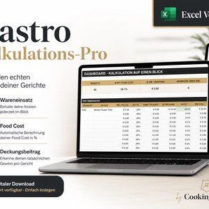 May include: A laptop displaying the Gastro Kalkulations-Pro Excel template dashboard. The screen shows food cost calculations, recipe data, and profit margins. Text includes 'Gastro Kalkulations-Pro', 'Kenne den echten Gewinn deiner Gerichte', and 'Cookingbybear'.