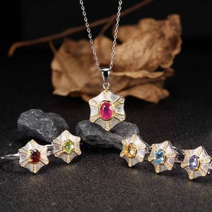 Collar de plata de ley 925 con gema ovalada natural para mujer, joyería fina estilo vintage con halo.