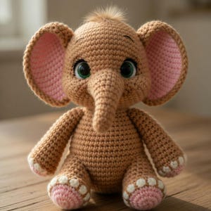 May include: A handmade crochet elephant toy in shades of brown, with pink inner ears and foot pads. The elephant has large, expressive green eyes and a tuft of hair on its head. It is sitting on a wooden surface.