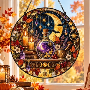 May include: A circular stained glass suncatcher featuring a central potion bottle with a crescent moon, surrounded by lit candles, books, a mortar and pestle, autumn leaves, stars, and bats against a dark blue and yellow night sky background.