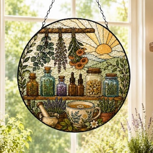 Herbal Apothecary Suncatcher,Herb Garden Window Hanging,Stained Glass Style Sun Catcher,Cottagecore Kitchen Decor,Tea Lover Gift