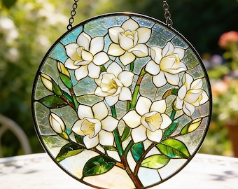 White Gardenia Stained Glass Suncatcher,Floral Window Hanging Art,Handmade Jasmine Flower Panel Decor,Wedding Gift,Summer Sun Catcher