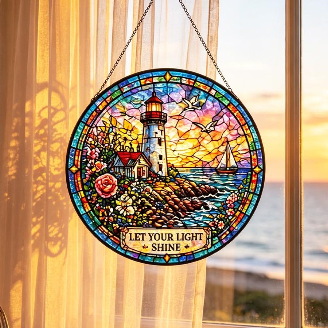 Let Your Light Shine Lighthouse Suncatcher,stained Glass Window Hanging ...