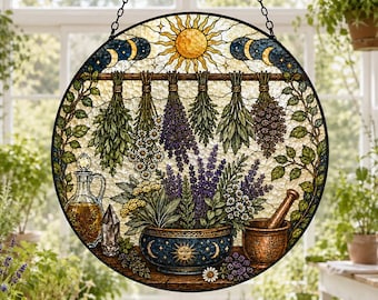 Puede incluir: Un atrapasoles circular de vidrieras con un motivo de sol y luna, manojos de hierbas secas colgados de un estante de madera, un cuenco azul con diseño solar, un mortero, una jarra de aceite de cristal y un cristal sobre una mesa de madera.