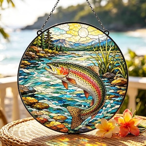 Regenboogforel gebrandschilderd glas Suncatcher, vliegvissen rivierraam hangend, decor vissershut, cadeau berg natuurliefhebber, bord viskunst