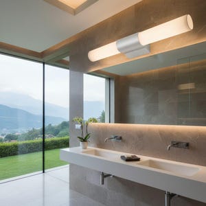 May include: A modern bathroom with a large window overlooking a mountain landscape. A long, cylindrical light fixture with a silver center is mounted above the mirror. The bathroom features a white double sink and a neutral color palette.