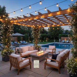 Puede incluir: Escena de patio al aire libre con una pérgola de madera adornada con luces de cadena y flores trepadoras. Incluye una zona de estar con chimenea, sofás, sillones y una piscina. Un pequeño letrero con la palabra "Shine" es visible.