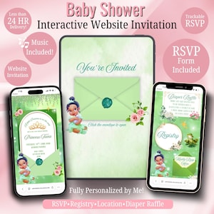 May include: An interactive baby shower website invitation displayed on a tablet and two smartphones. The design features a green theme with a cartoon princess, pink roses, and text including Baby Shower, You're Invited, and Princess Tiana.